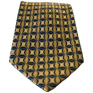Jhane Barnes Neck Tie Mens Silk Jacquard Foulard Geometric Gold Blue Long 60x3.5